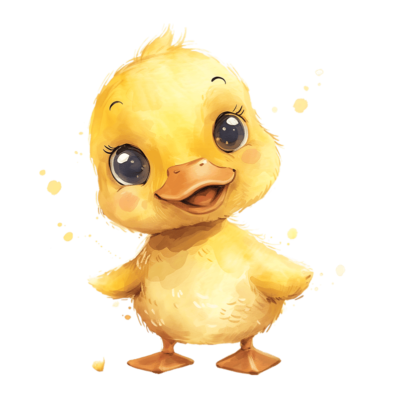 Yellow duckling chick watercolor art with large reflective eyes and orange beak on a transparent background.