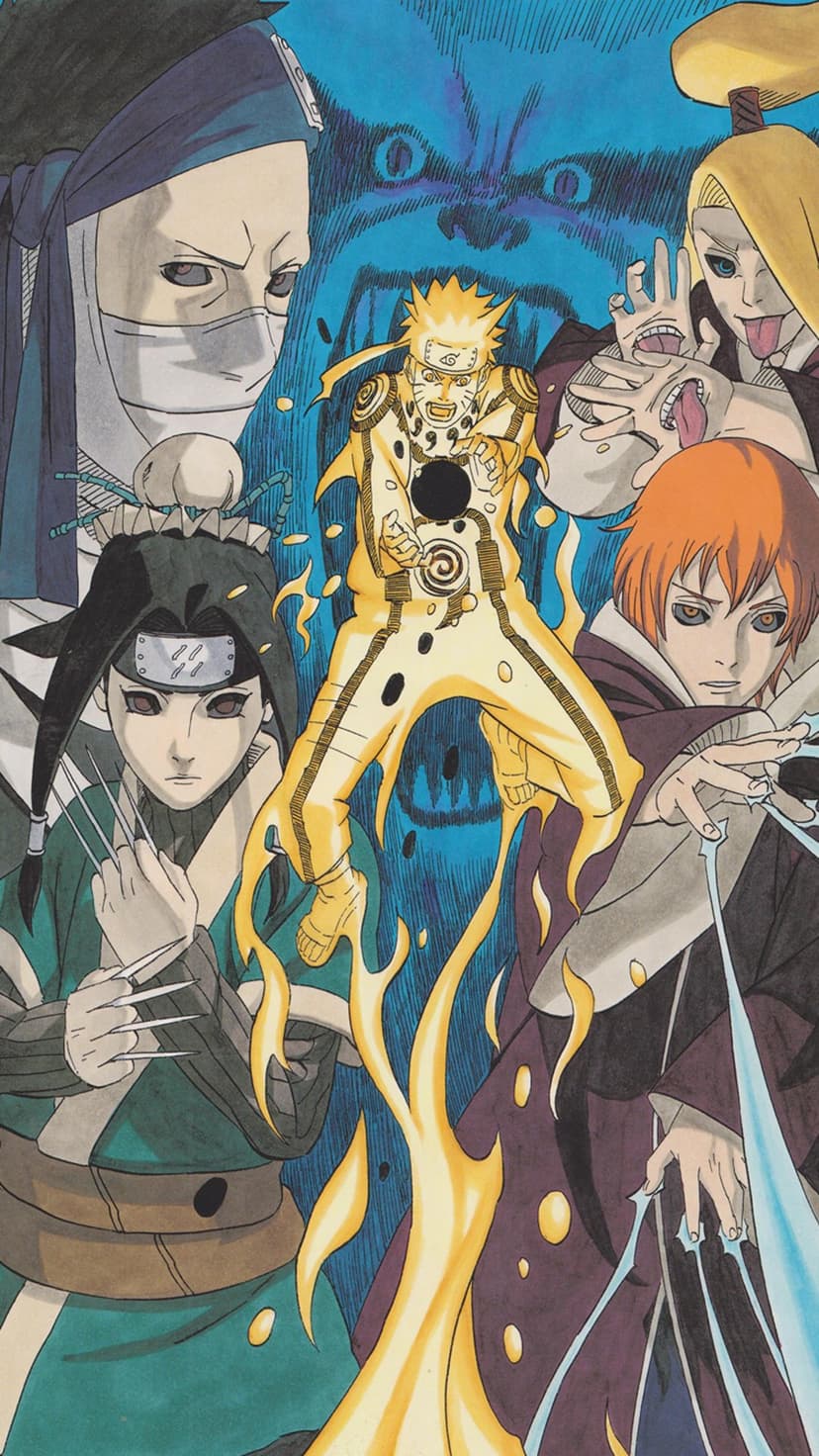 Naruto in Sage Mode with a glowing orange aura faces Hidan and Sasori amidst swirling fire and dark shadows.