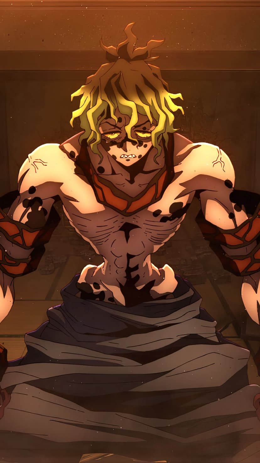 Gyutaro with green hair and dark skin markings stands in a menacing pose against a shadowy background.