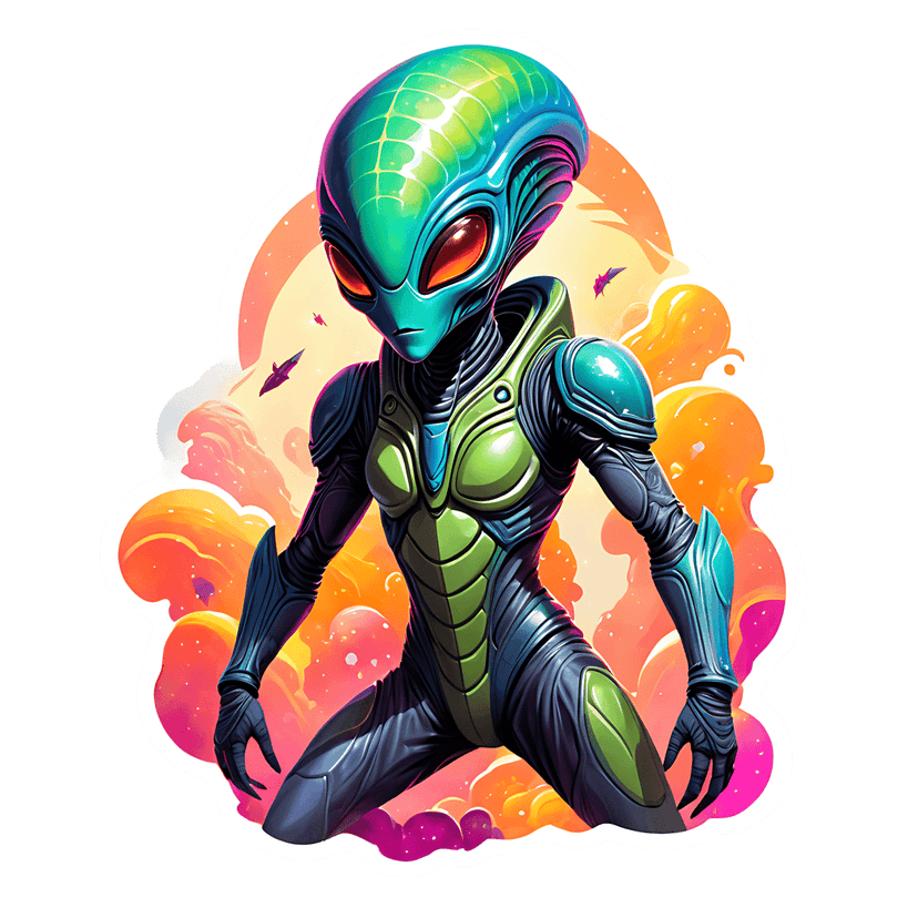 Scifi armored alien crouched against an orange nebula background wearing iridescent green and blue plating.