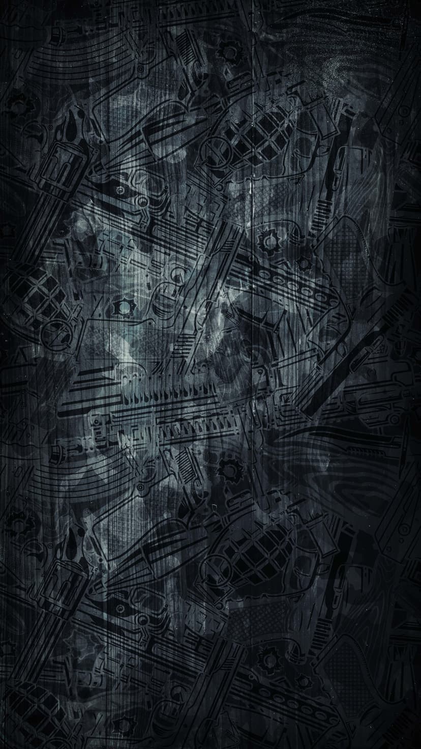Sketched assault rifles and hand grenades overlap in a dark monochromatic collage with gritty textures.