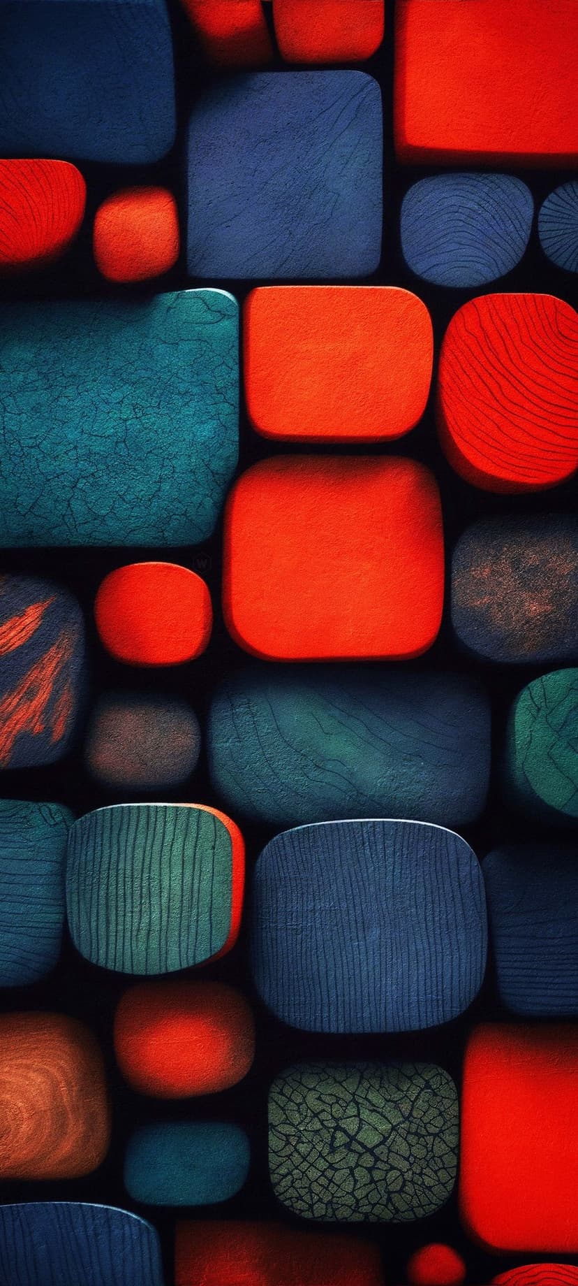 Rounded rectangular blocks in red, blue, and teal with wood grain and cracked textures against a black backdrop.