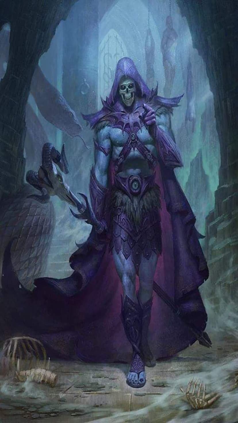 Skeletor points his finger forward in a dark dungeon with hanging skeletons and scattered bones in the background.