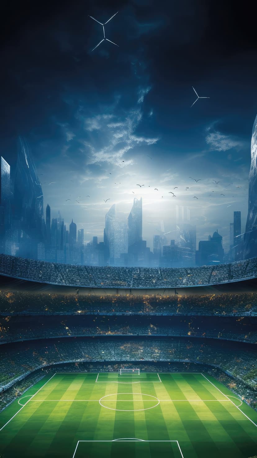 Glowing football stadium surrounded by futuristic skyscrapers and floating turbines under a dark twilight sky.