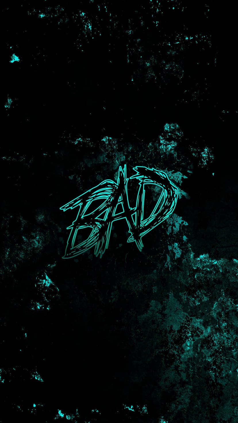 BAD text in a turquoise neon outline centered on a textured black and dark teal background with a gritty finish.