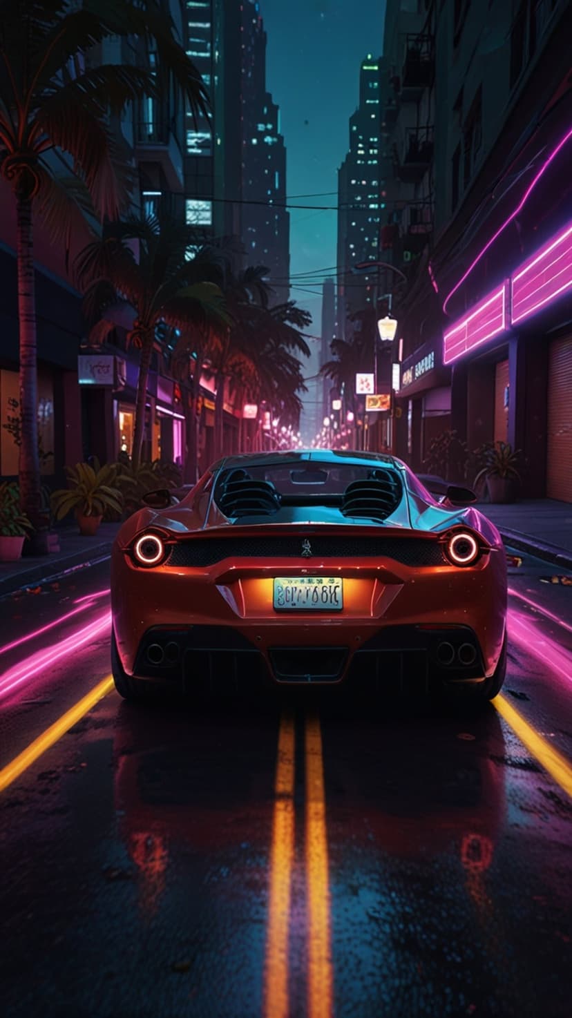 Red Ferrari supercar racing down a wet city street at night under neon pink and yellow skyscraper lights.