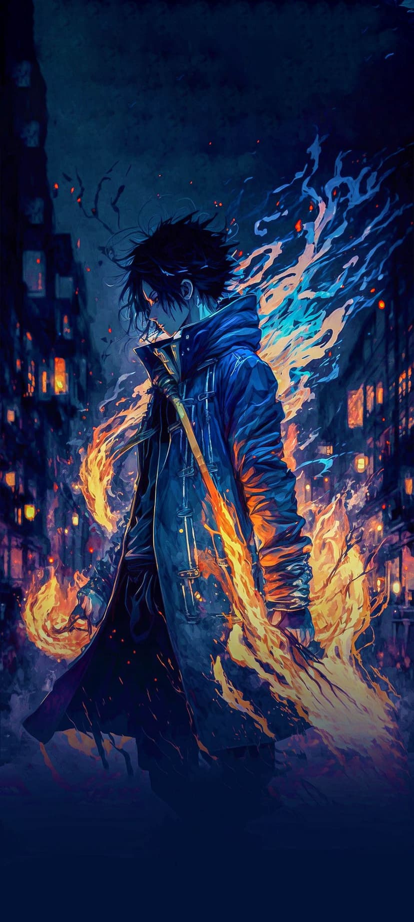 Spiky-haired anime warrior in a dark blue coat holding a weapon amidst orange and blue flames in a city at night.