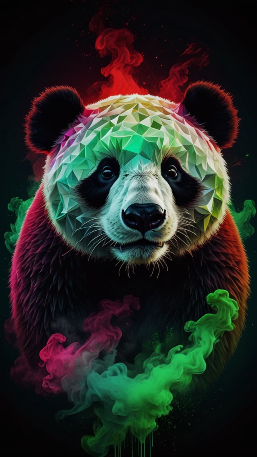 Panda head with sharp geometric facets and colorful neon smoke wisps against a dark textured background layer.