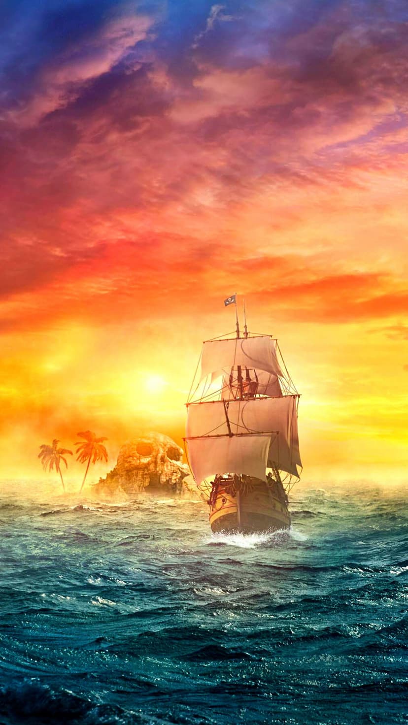 Pirate ship with full sails navigates choppy blue waves under a vibrant orange and purple sunset sky near islands.