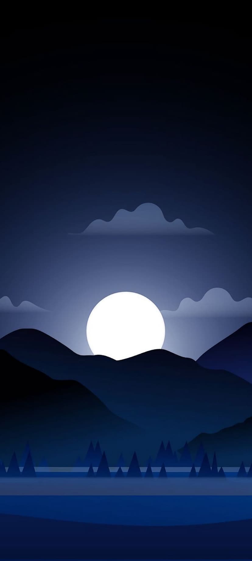 Full moon rising over silhouetted mountain peaks and evergreen trees reflecting in a calm dark lake at night.