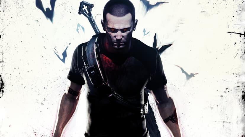 Cole MacGrath with glowing red eyes and facial scars against a white background with flying bat silhouettes.
