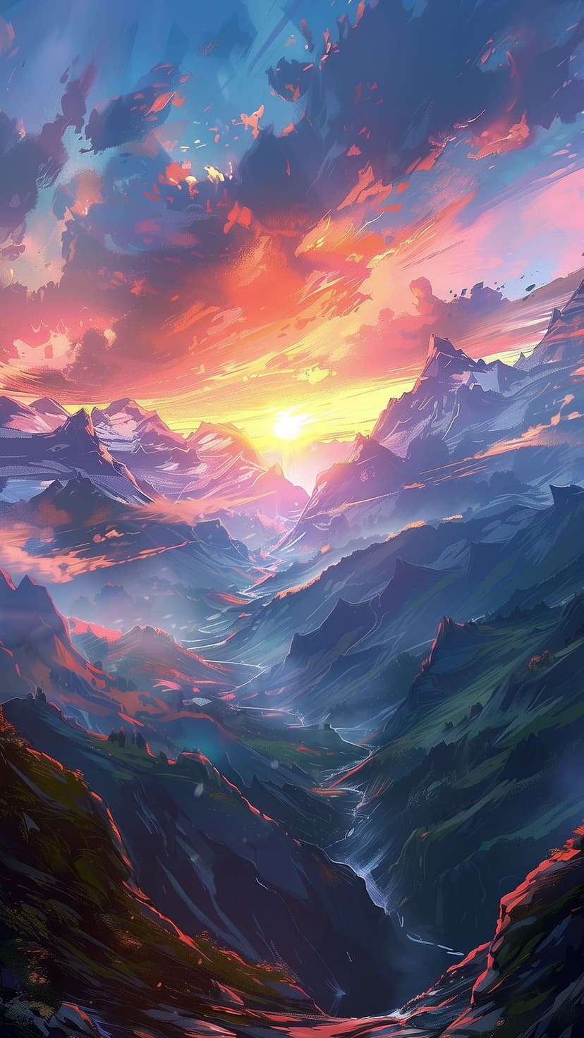 Sharp mountain ridges rise above a misty valley under a sky filled with glowing orange and pink sunset clouds.