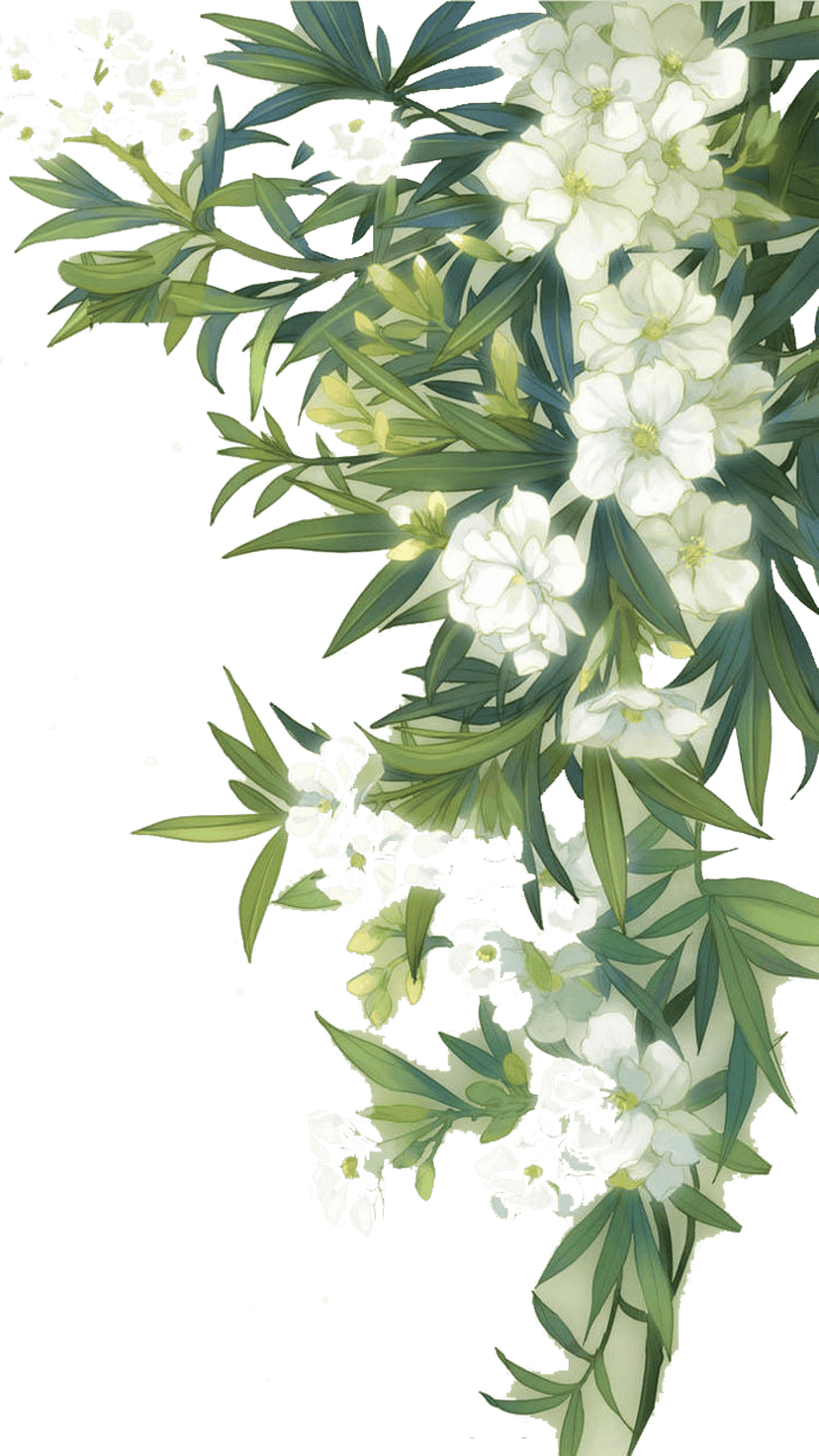 White blooming wildflowers and green leaves rendered in soft watercolor with delicate hand-painted textures.