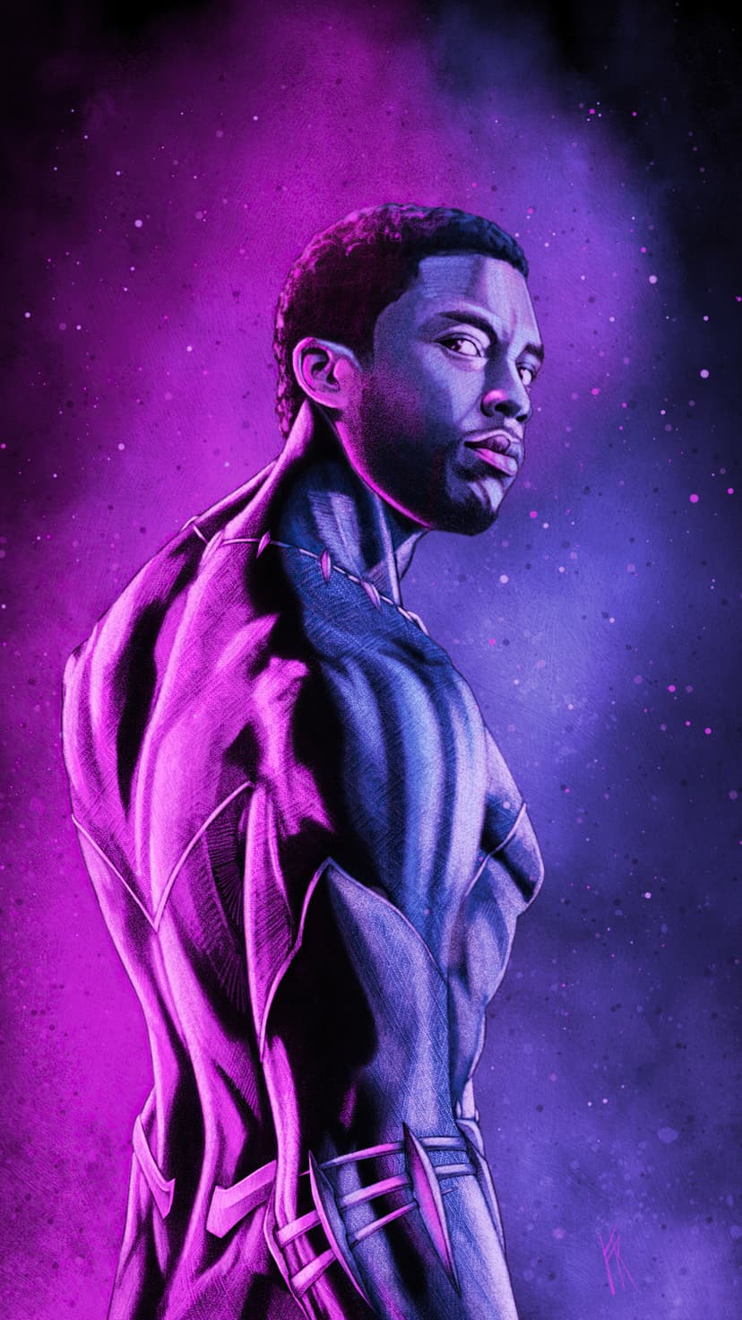 Black Panther in a vibranium suit illuminated by neon purple and blue light against a starry cosmic background.