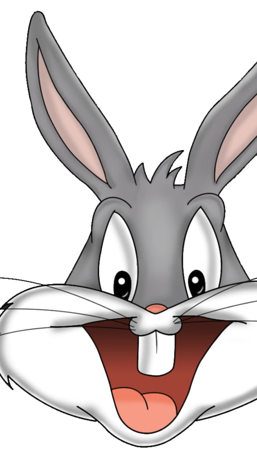 Bugs Bunny displays a mischievous grin with tall ears and signature buck teeth in a close-up character portrait.