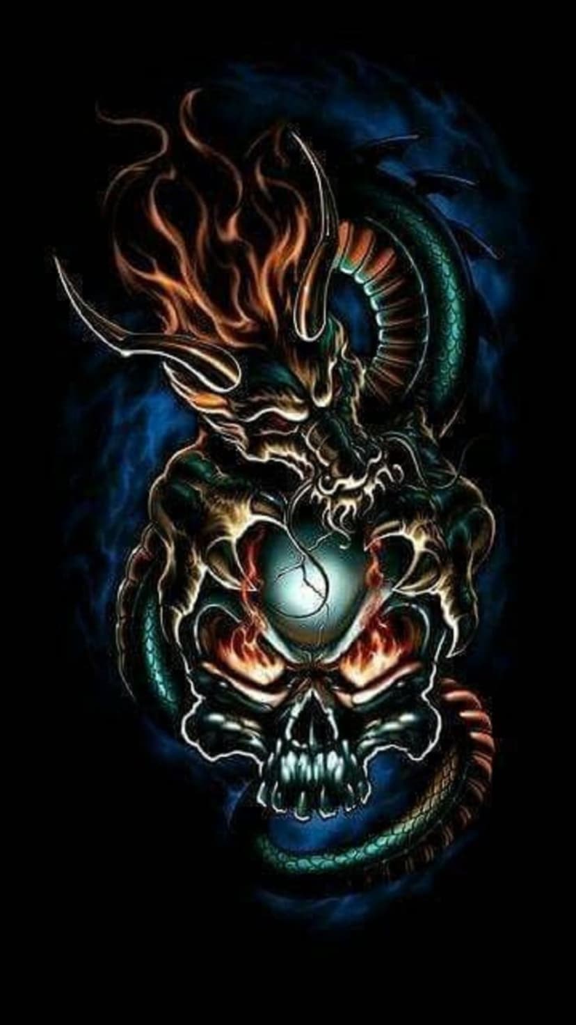 Teal-scaled dragon entwined around a skeletal skull engulfed in bright orange flames against a dark blue backdrop.