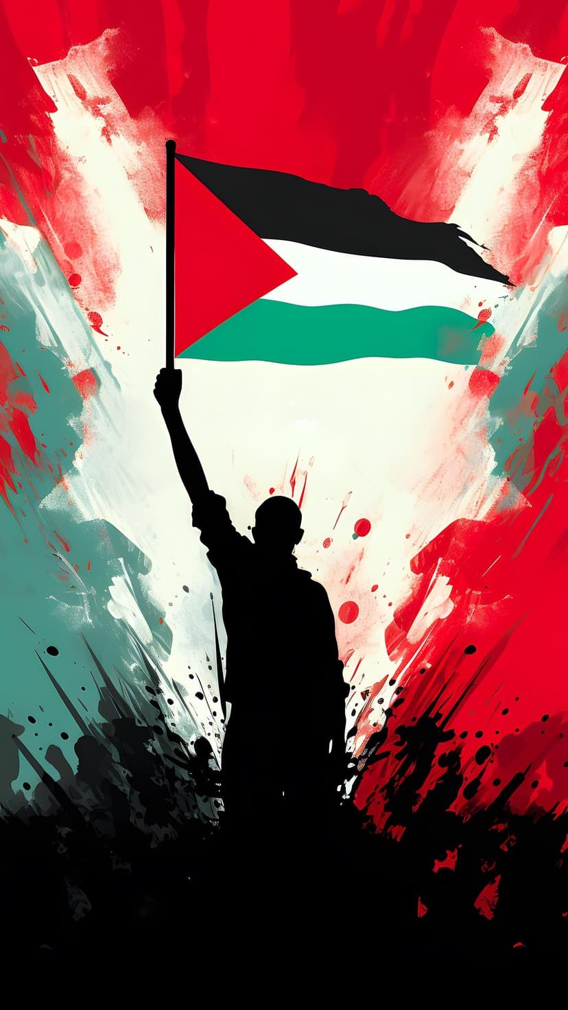 Human silhouette holding a Palestinian flag against a background of red, green, and white abstract paint splashes.