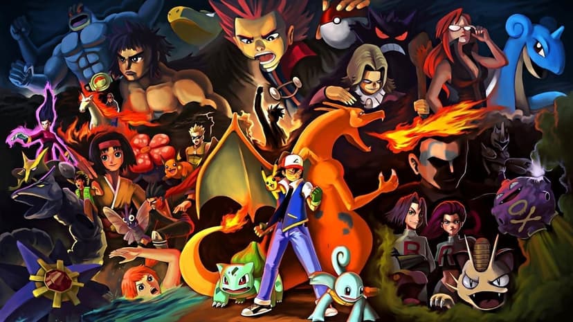 Ash Ketchum and Charizard stand central in a collage of Kanto gym leaders, the Elite Four, and Team Rocket.