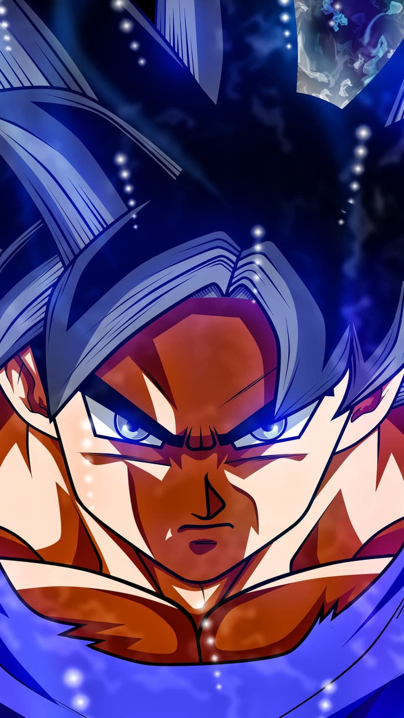 Goku Ultra Instinct Omen with glowing blue eyes, a radiant azure aura, and focused facial expression close-up.