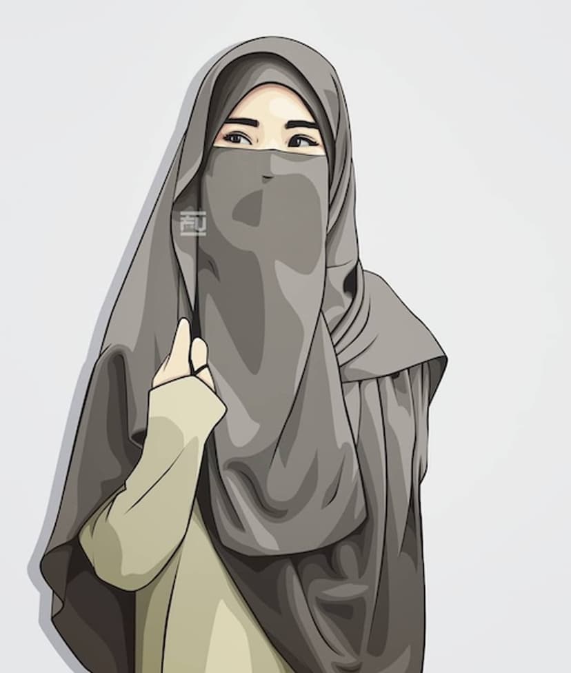 Muslim woman in a grey niqab and hijab with her hand near her face, showing only her expressive eyes.