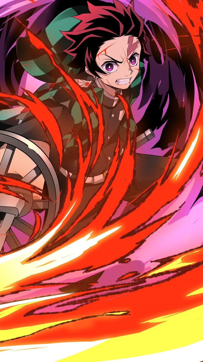 Tanjiro Kamado wielding a flame-engulfed sword while wearing a green checkered haori against a purple backdrop.