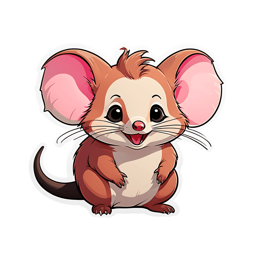 Brown mouse sticker illustration with large pink ears and a white outline centered on a black background.