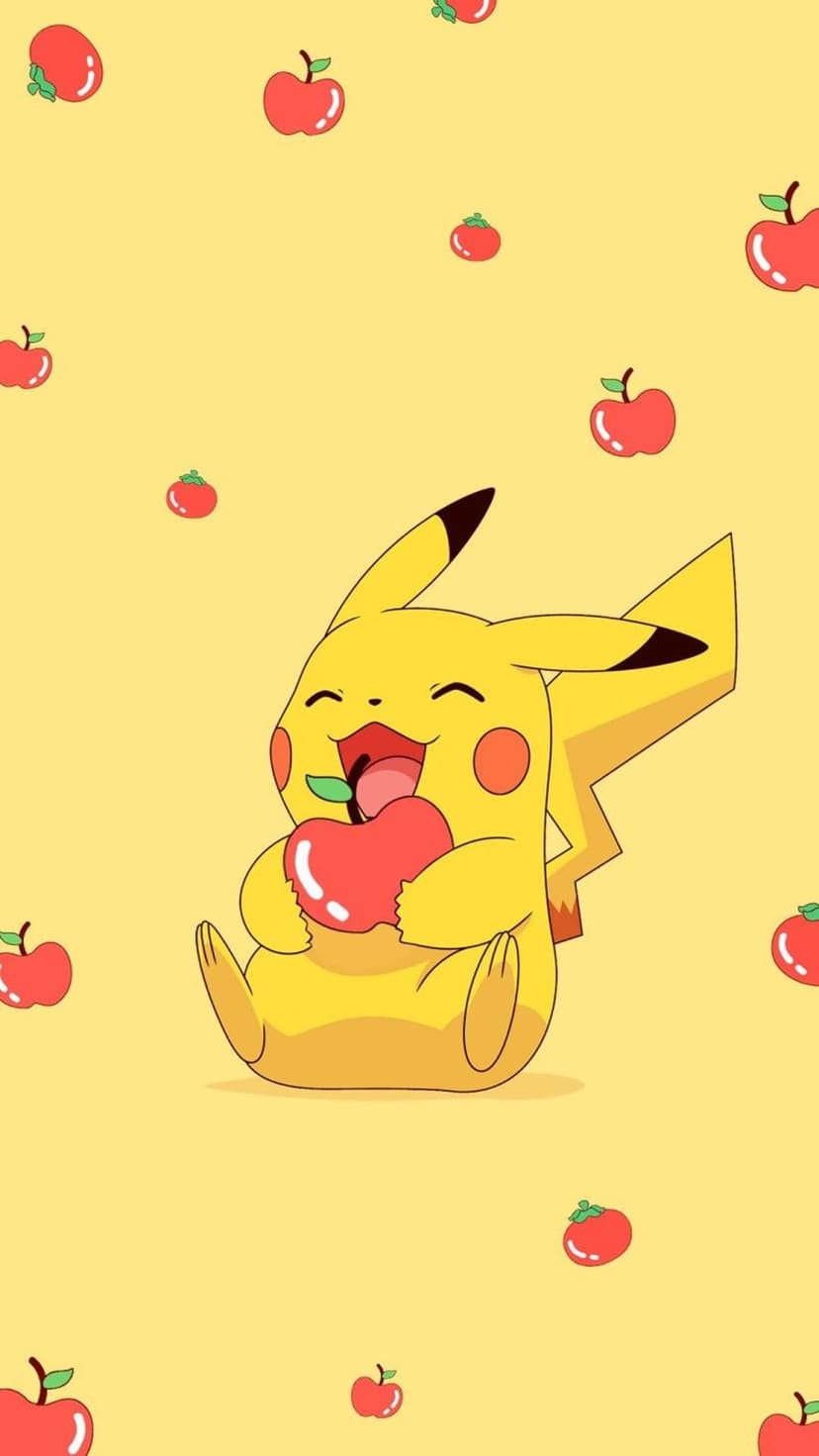 Pikachu holds a red apple while standing among scattered fruit on a bright yellow background for phone screens.