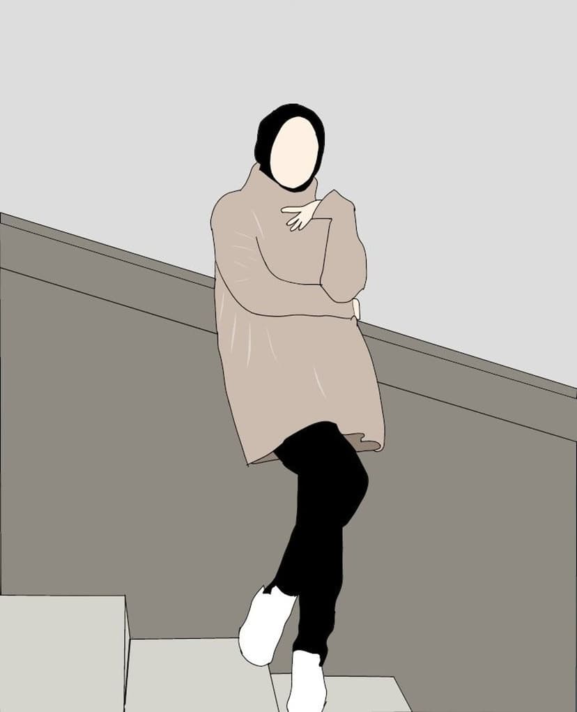 Hijabi woman wearing a beige sweater and white boots leans against a gray railing in a minimalist setting.