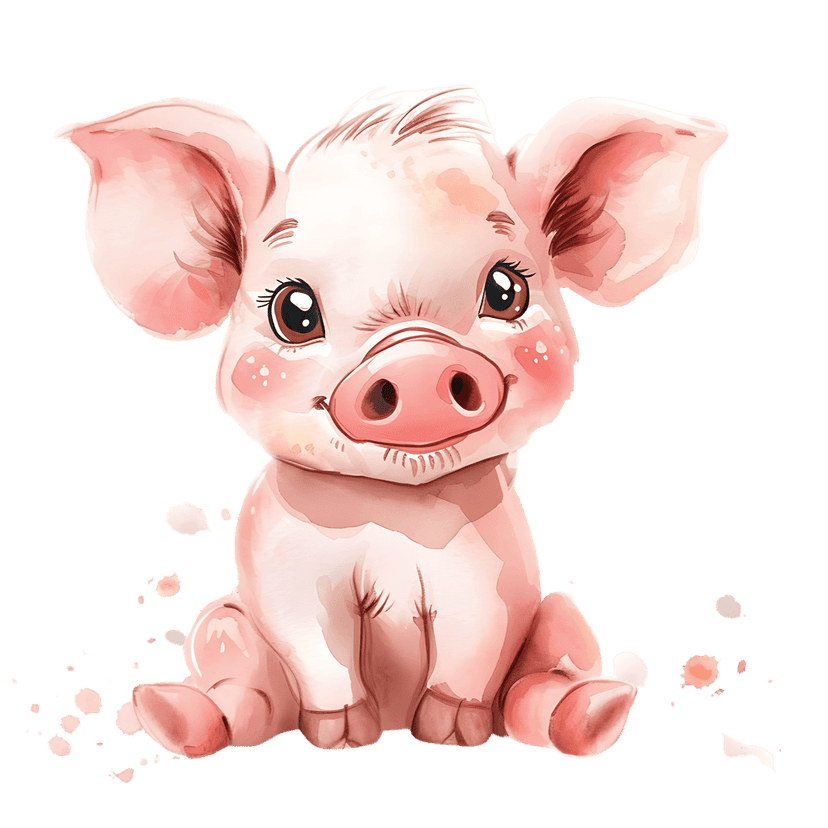 Piglet watercolor illustration with soft pink accents and black eyes sitting amidst artistic paint splatters.