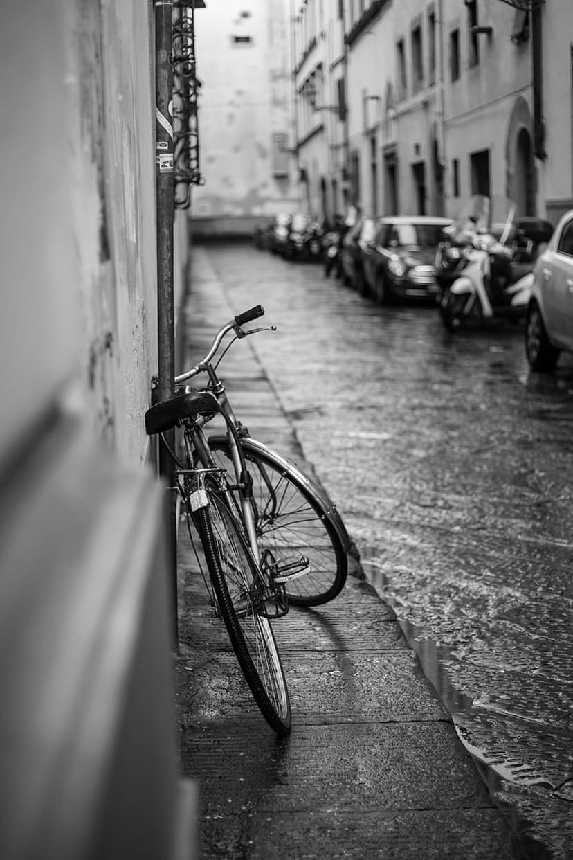 Vintage bicycle leans against a stone wall in a wet alleyway with parked cars on a rainy monochrome street.