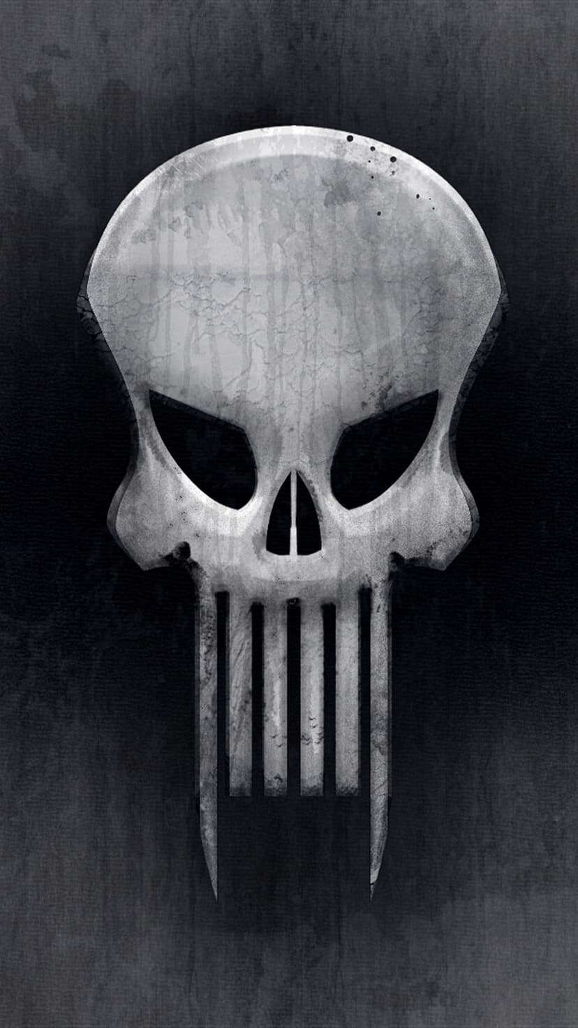 Punisher skull insignia with a weathered white paint texture and liquid streaks over a black backdrop.