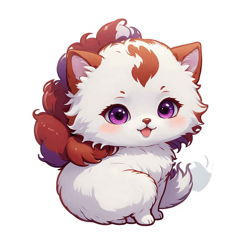 White fluffy kitten illustration with violet eyes and russet markings shown in a front-facing chibi sticker pose.