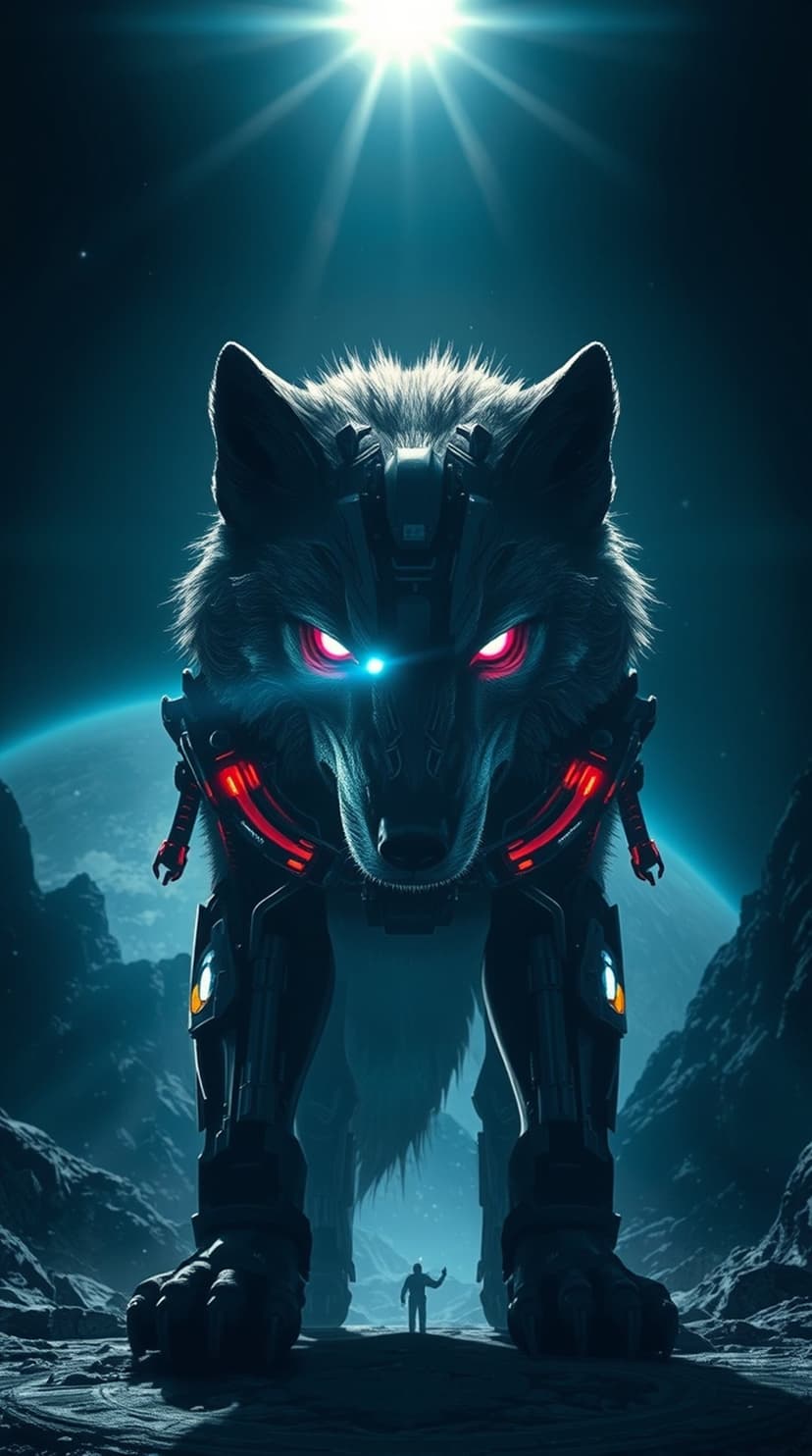 Colossal cybernetic wolf with glowing red eyes and blue mechanical armor standing on a desolate alien planet.