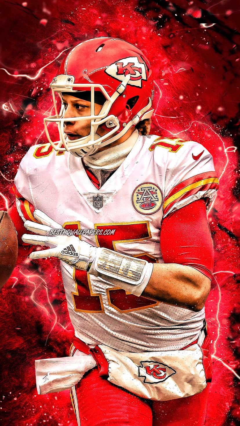 Patrick Mahomes wears a red Chiefs jersey and helmet against a backdrop of glowing red lightning bolts.