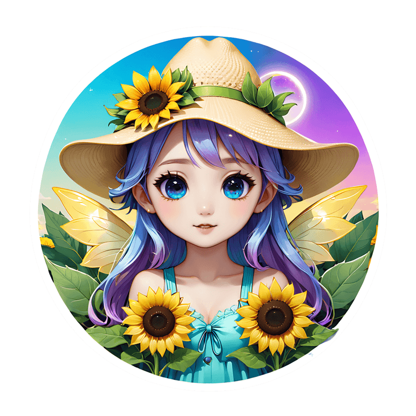Chibi fairy sticker with blue hair wearing a straw hat with sunflowers against a blue purple gradient sky.