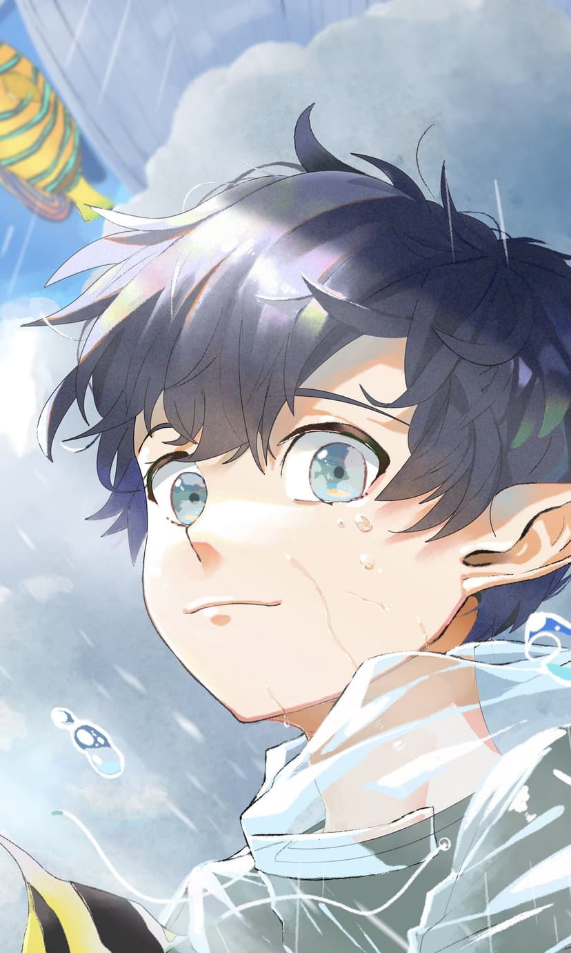 Boy with blue eyes looks up at raindrops while a striped fish swims through the cloudy air in a dreamlike scene.