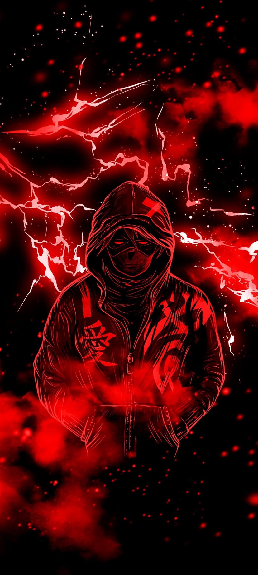 Cloaked person in a red jacket stands before crimson lightning strikes and glowing embers on a dark backdrop.