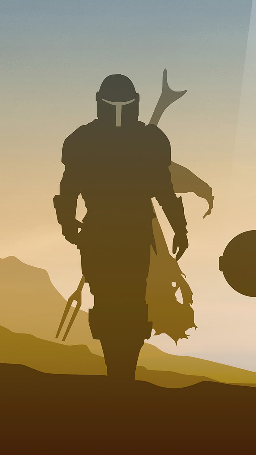 Armored warrior with a helmet and rifles stands silhouetted against a mountain range and a golden sunset sky.