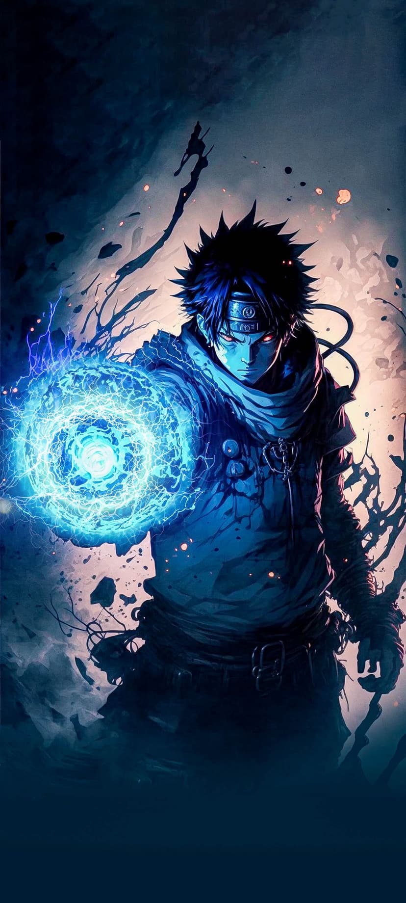 Spiky-haired warrior with glowing red eyes holds a bright blue energy sphere against a dark, streaked backdrop.