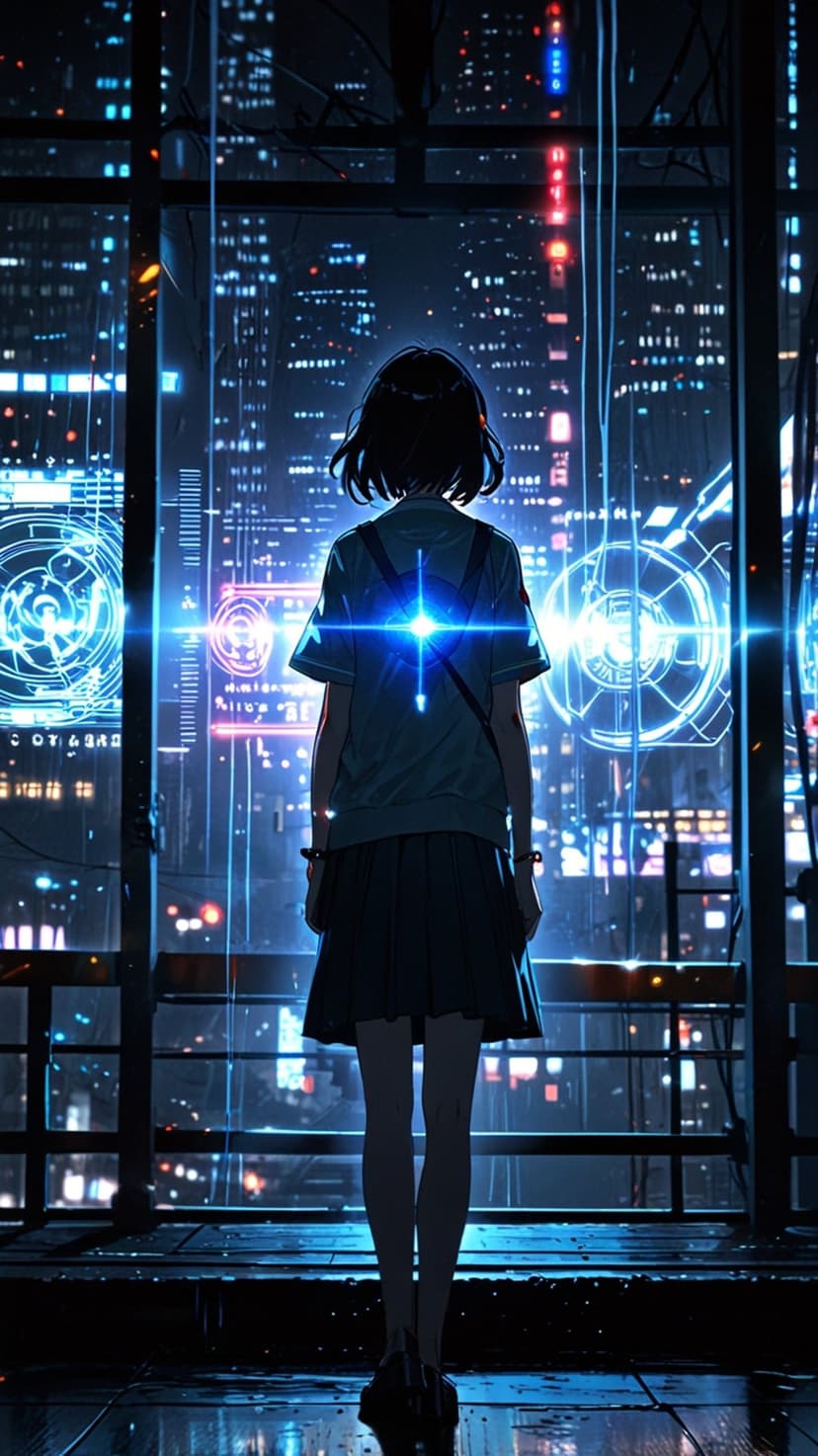 Girl in casual clothes views a sprawling neon-lit futuristic city filled with blue holographic screen displays.
