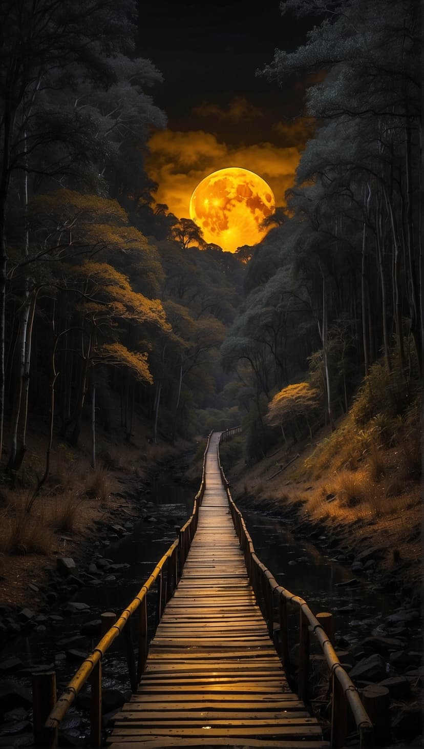 Weathered wooden bridge crossing a misty dark forest beneath a giant glowing orange moon and swirling clouds.