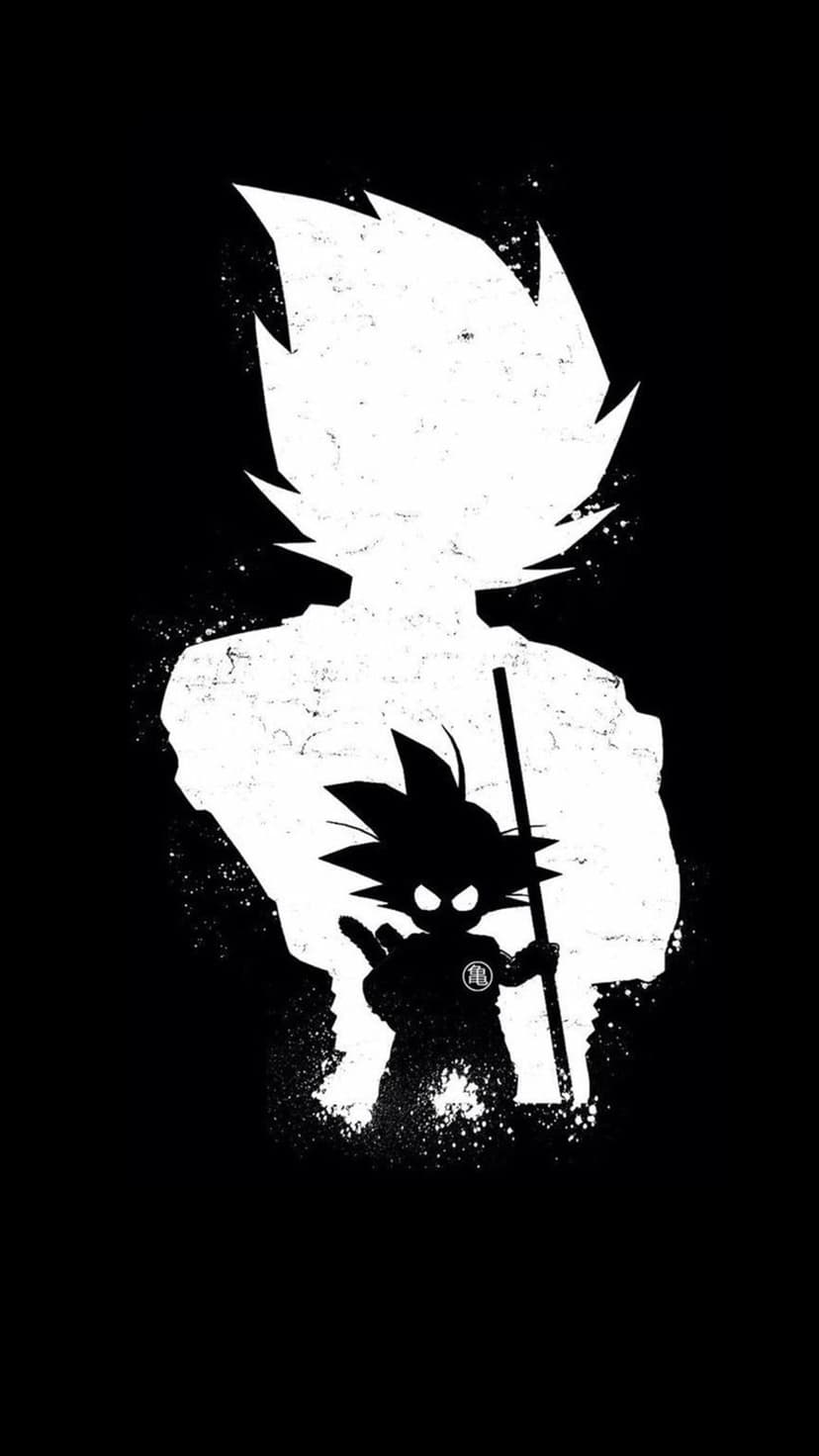Adult Goku white silhouette enclosing a smaller Kid Goku shadow with a staff on a solid black background.
