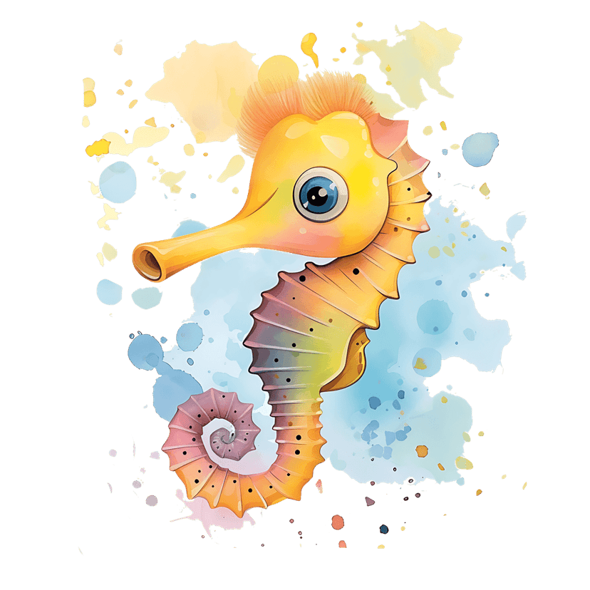 Yellow seahorse watercolor illustration with vibrant paint splashes and large blue eyes on a solid black background.