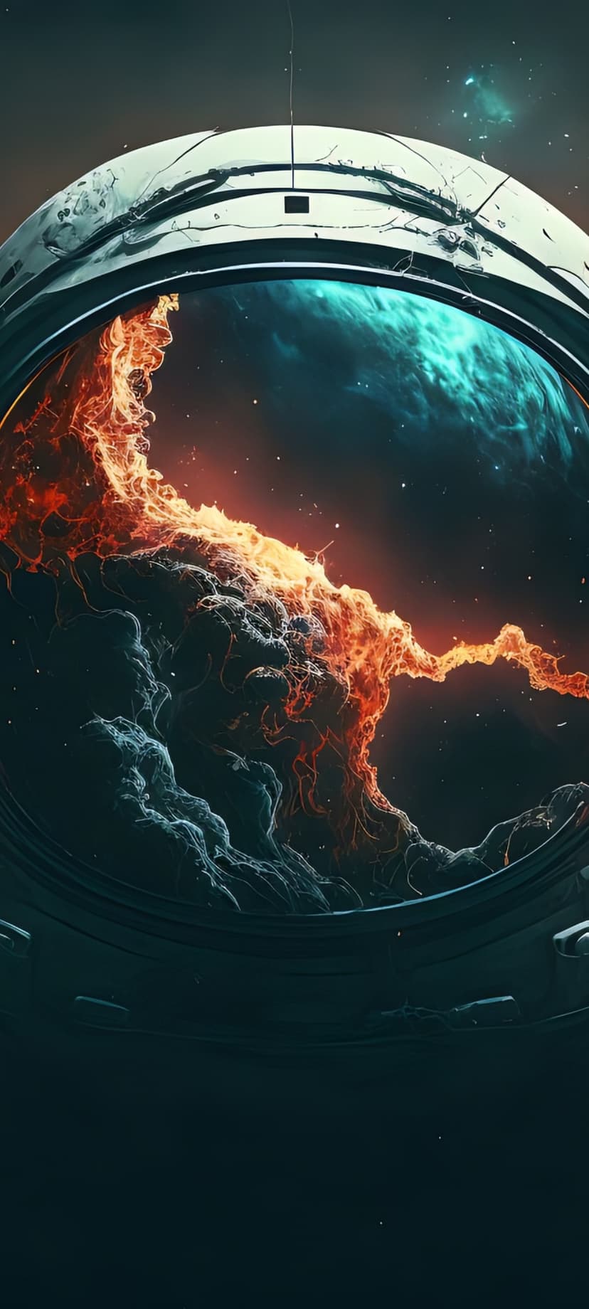 Cosmic nebula with orange and blue gas clouds visible through a circular metallic spacecraft window and porthole.