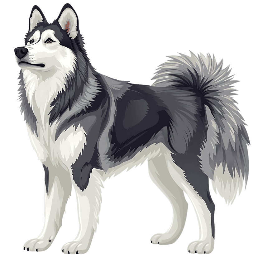 Alaskan Malamute digital illustration shows a grey and white dog standing in profile with thick fur and pointed ears.