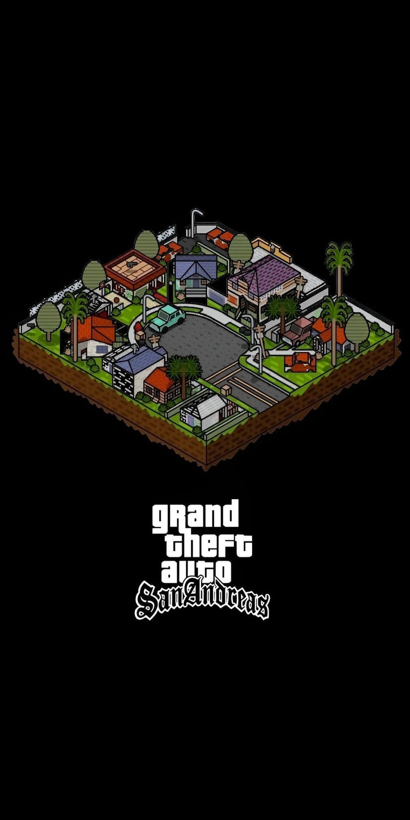 Suburban houses and palm trees in isometric pixel art style with the San Andreas logo on a vertical layout.