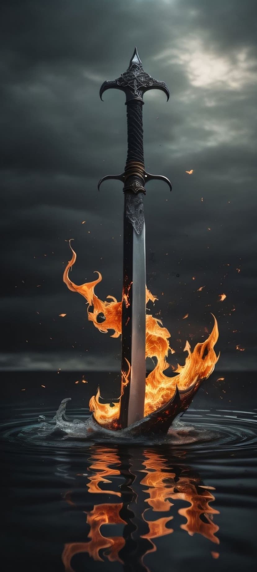 Flaming medieval sword piercing dark water with orange sparks and a moody, cloudy sky reflected on the surface.