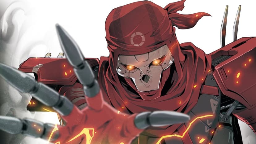 Revenant from Apex Legends reaches forward with a metallic clawed hand, featuring glowing orange eyes and red hood.