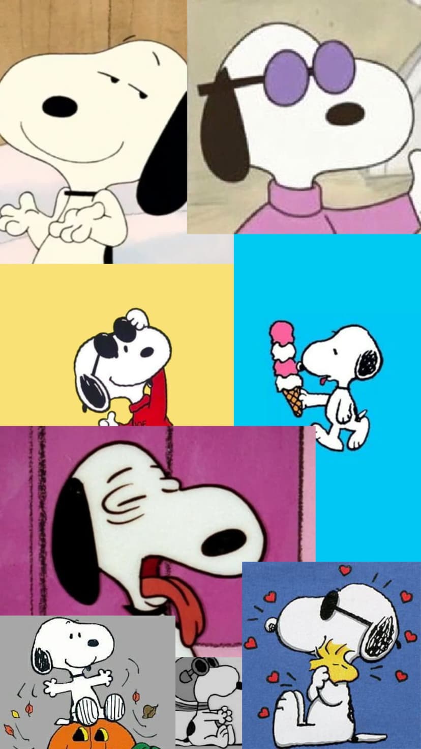 Snoopy wears sunglasses, eats ice cream, and sits by a pumpkin in a colorful comic-style character collage.