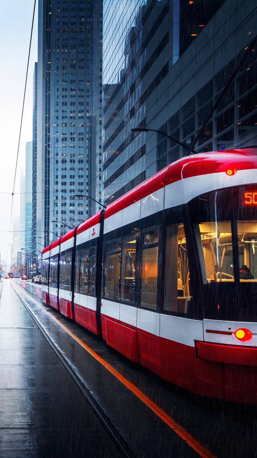 Red and white tram travels on wet tracks between glass skyscrapers under a cloudy sky in an urban city center.